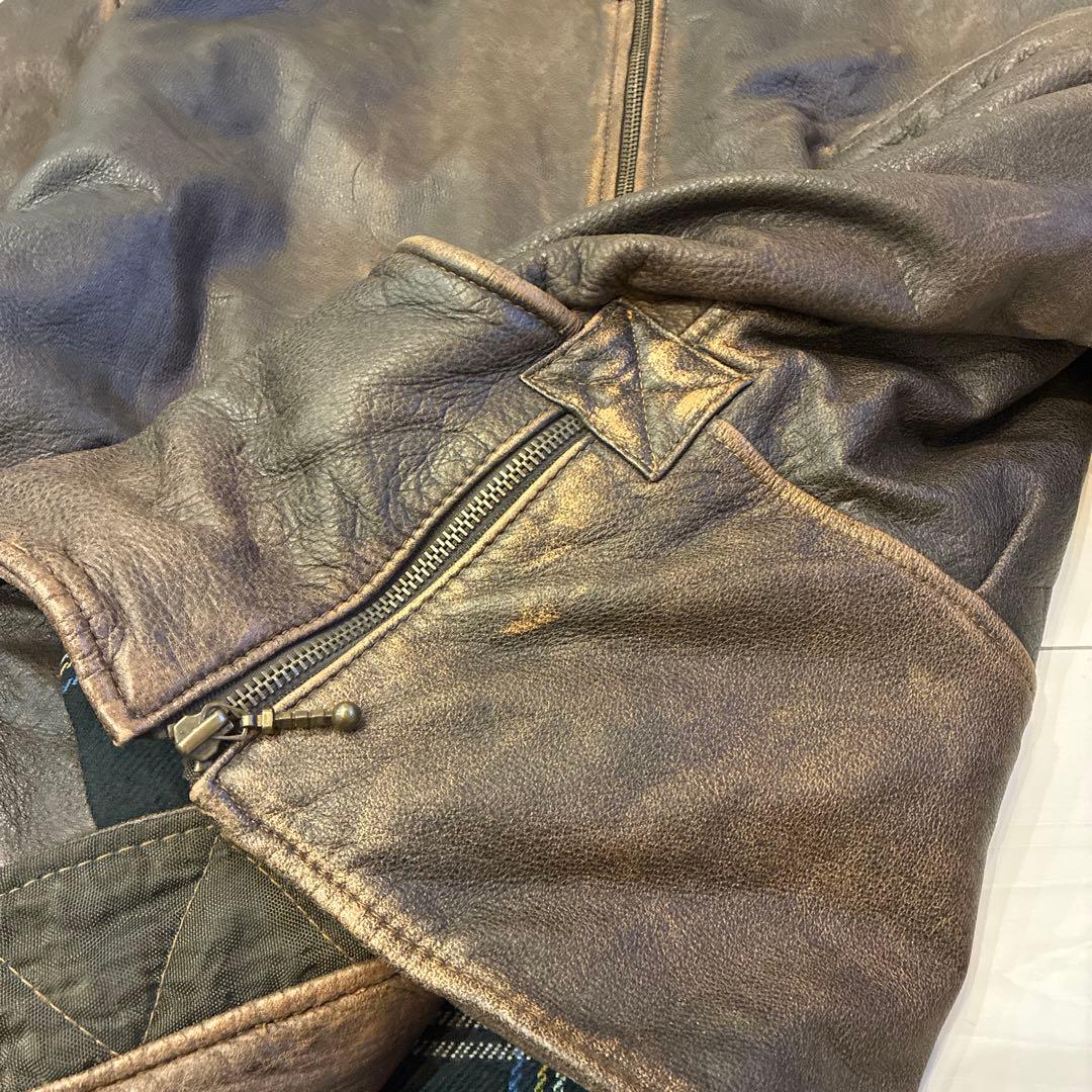 ヴィンテージ レザージャケット シングル ブラウン 本革 裏地 チェック