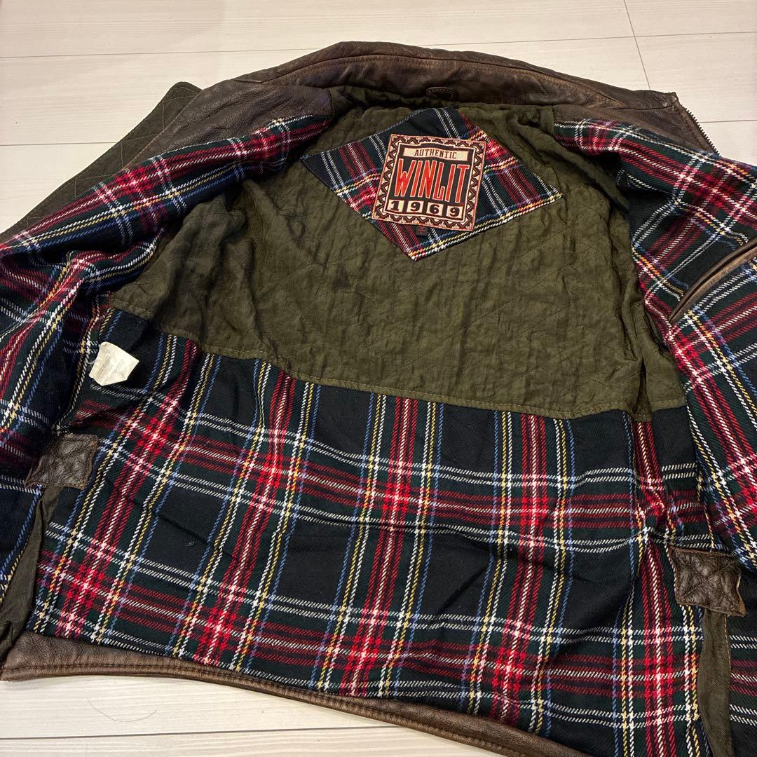 ヴィンテージ レザージャケット シングル ブラウン 本革 裏地 チェック