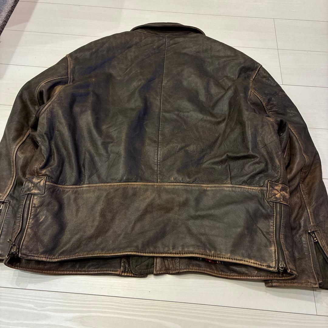 ヴィンテージ レザージャケット シングル ブラウン 本革 裏地 チェック