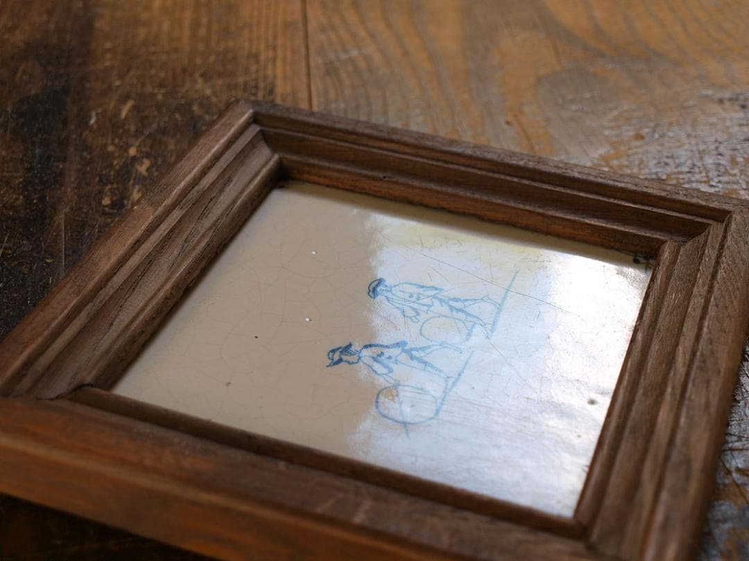 デルフトタイル 輪回しで遊ぶ子供たち 額縁付き 民藝 工藝 /J544