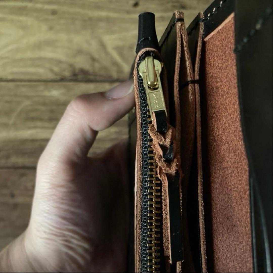 【お札を折らずに収納】ミドルトラッカーウォレット3層 茶芯ブラック【受注生産】