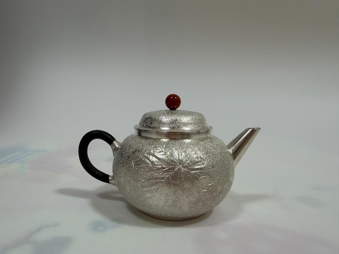 純銀製 葉文様 玉石摘 急須 銀瓶 煎茶道具