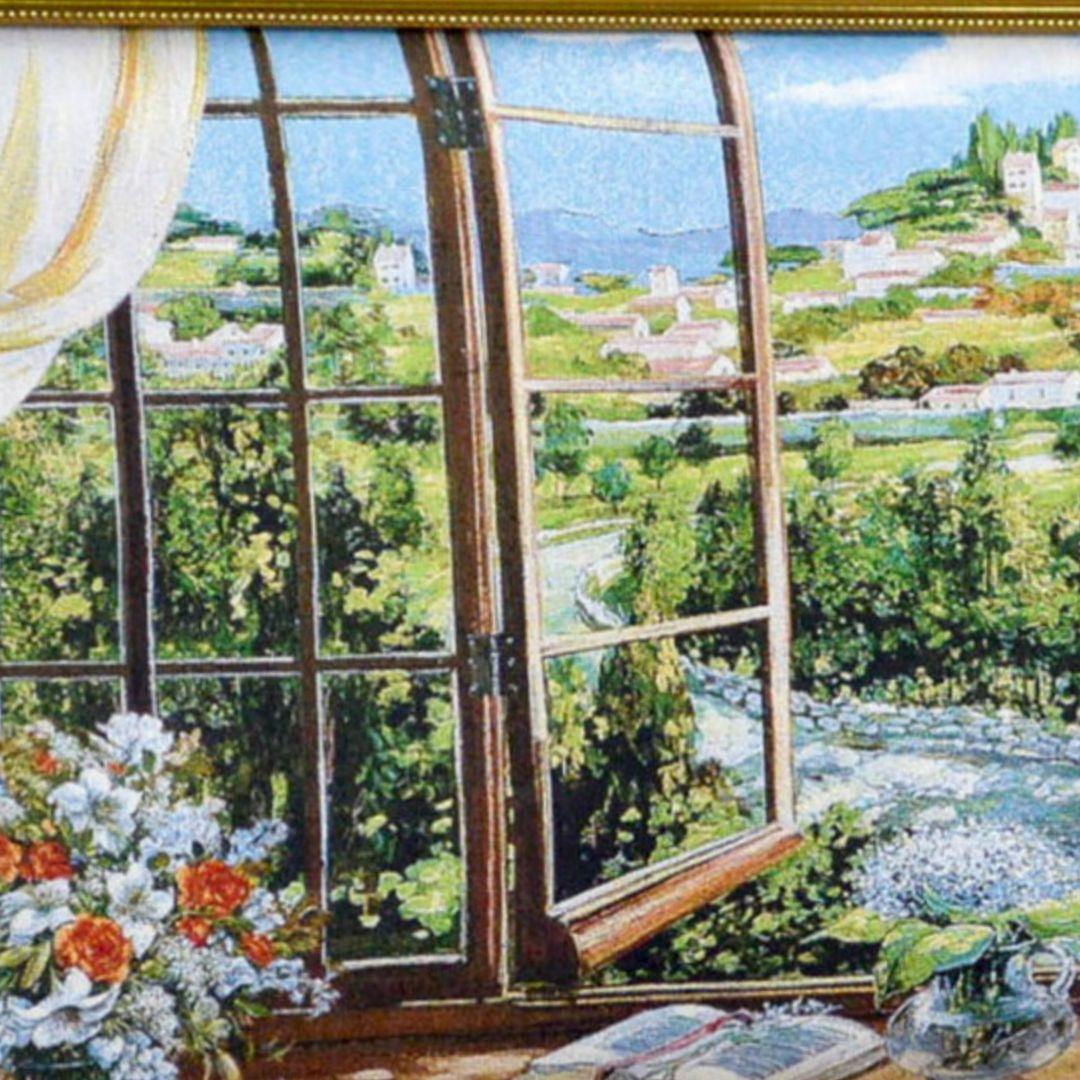 絵画　『窓から眺める丘』　フランス・ゴブラン織り使用　良質キャンバス　豪華　額絵