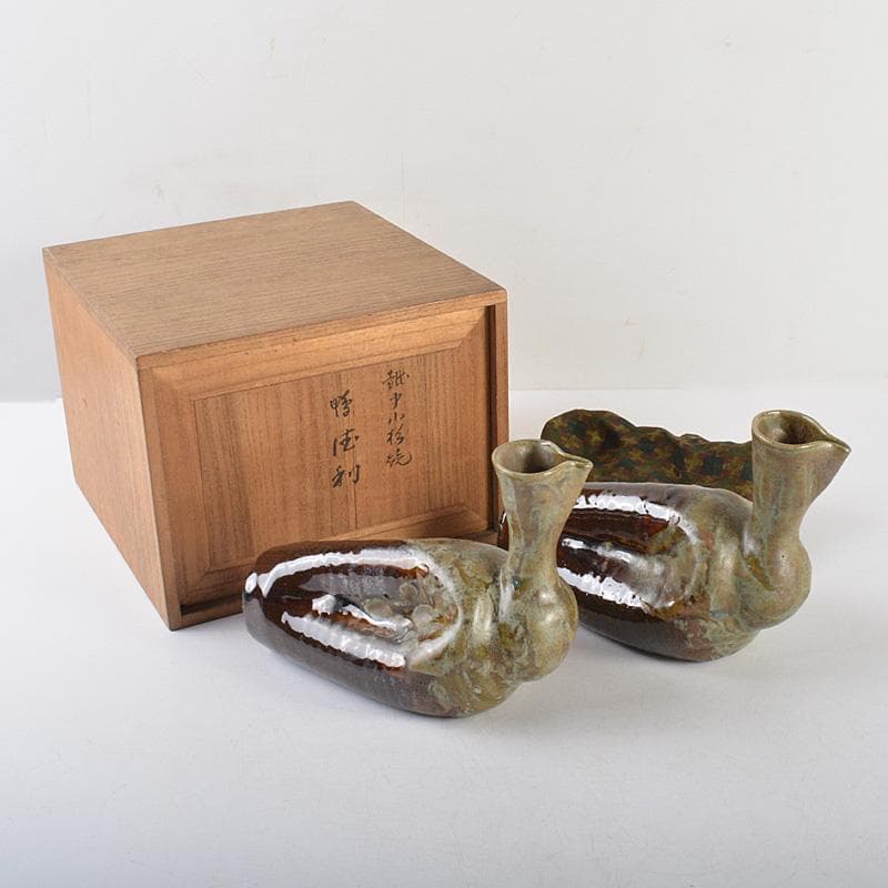 トミー富山県　越中　小杉焼　柿釉　鴨徳利　酒器　一對　共箱　M　R6076