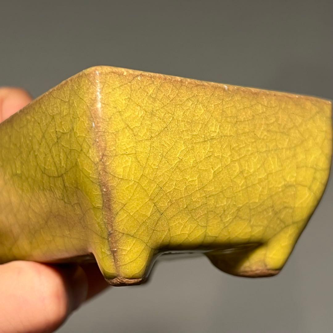 814.暁雲 黄貫入釉長方 盆栽鉢 植木鉢 10.1*7.9*5cm