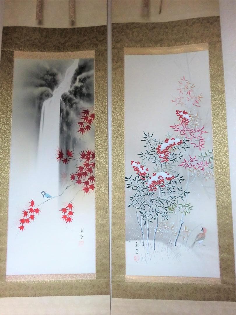 掛軸２本組 ◆「四季花鳥～秋冬」◆ 肉筆日本画