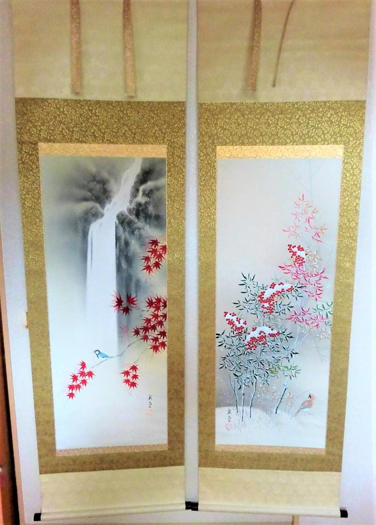 掛軸２本組 ◆「四季花鳥～秋冬」◆ 肉筆日本画