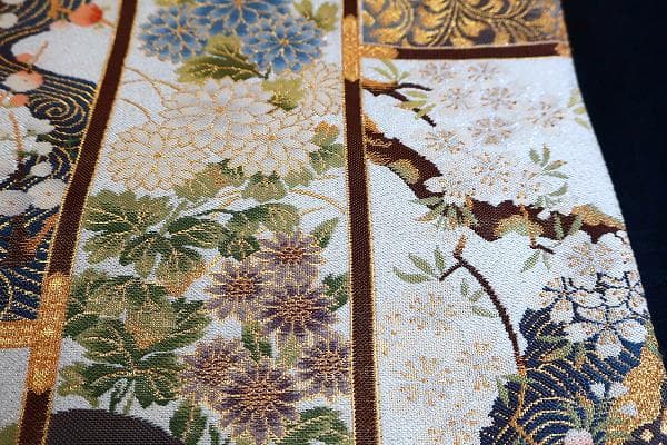 ★専用★美品 袋帯 オフホワイト 箔糸 流水 牡丹 梅 松 菊 4m31cm