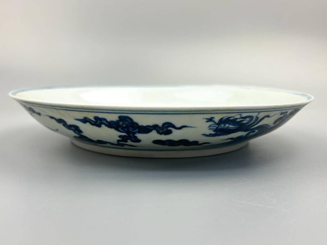 明時代　染付　龍鳳紋　皿　飾り皿　宣徳　時代物　落款　民家蔵出し