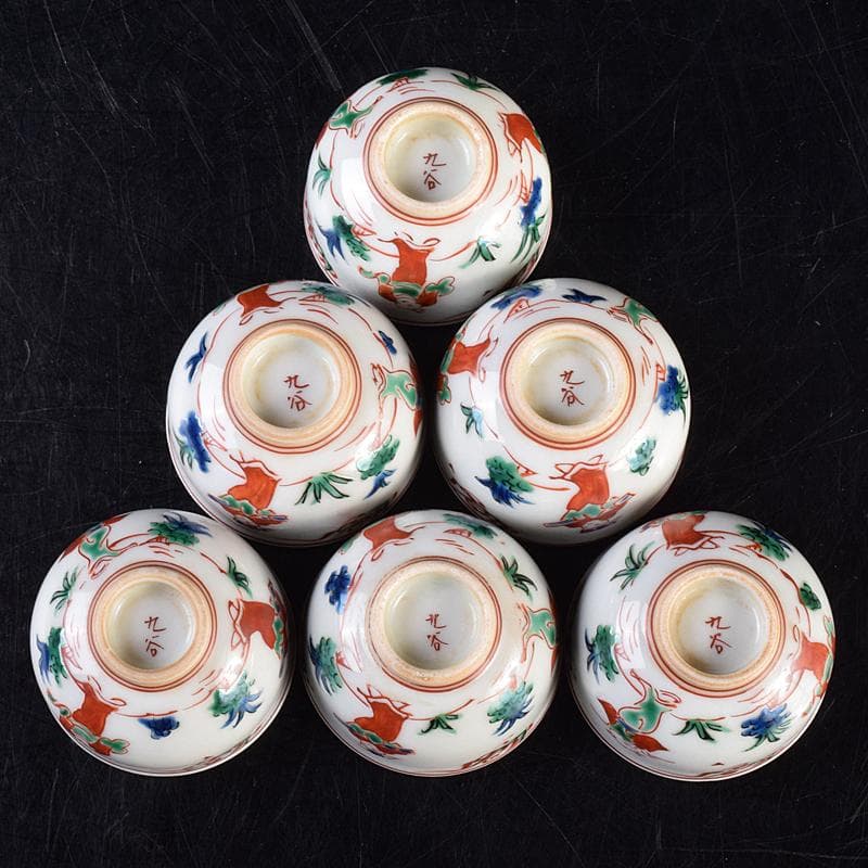 煎茶道具　九谷焼　赤絵　人物文　煎茶碗　六客　仕覆・時代箱付　M　R7559