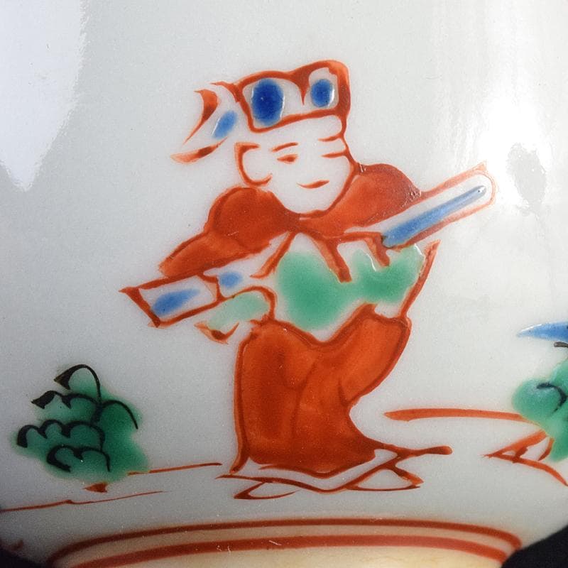 煎茶道具　九谷焼　赤絵　人物文　煎茶碗　六客　仕覆・時代箱付　M　R7559