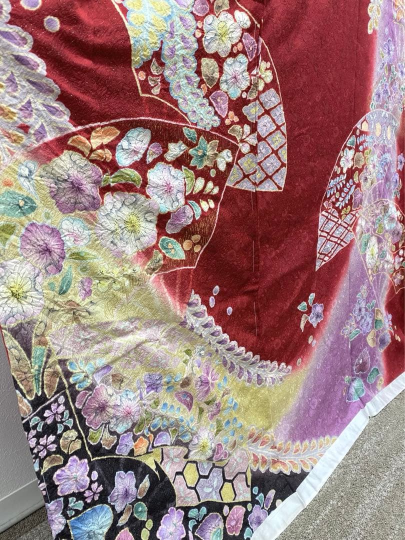 振袖 仮絵羽 銀通し 金彩 紋意匠 絞り 辻が花 正絹 未仕立て品 八掛付き