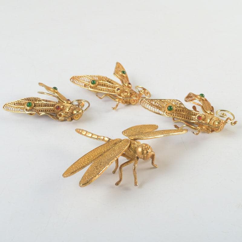 古銅鍍金　玉石装飾　蜻蛉など　昆虫　置物　4点まとめて　V　9552