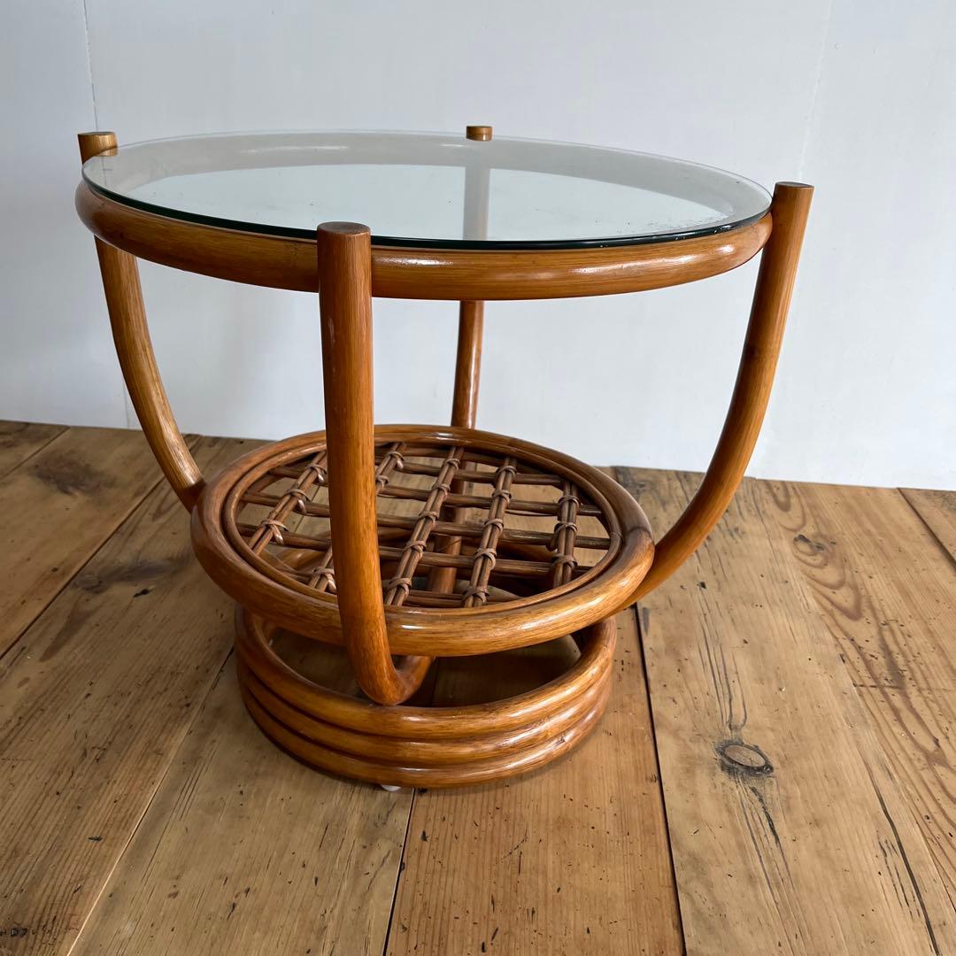 ヴィンテージ ラタン ガラス テーブル 籐 昭和レトロ z654