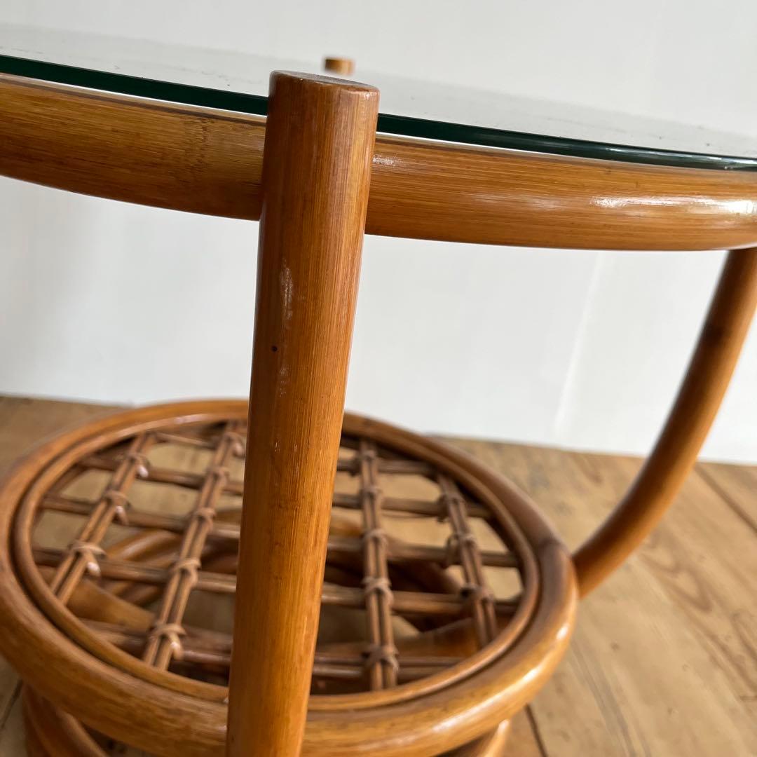 ヴィンテージ ラタン ガラス テーブル 籐 昭和レトロ z654