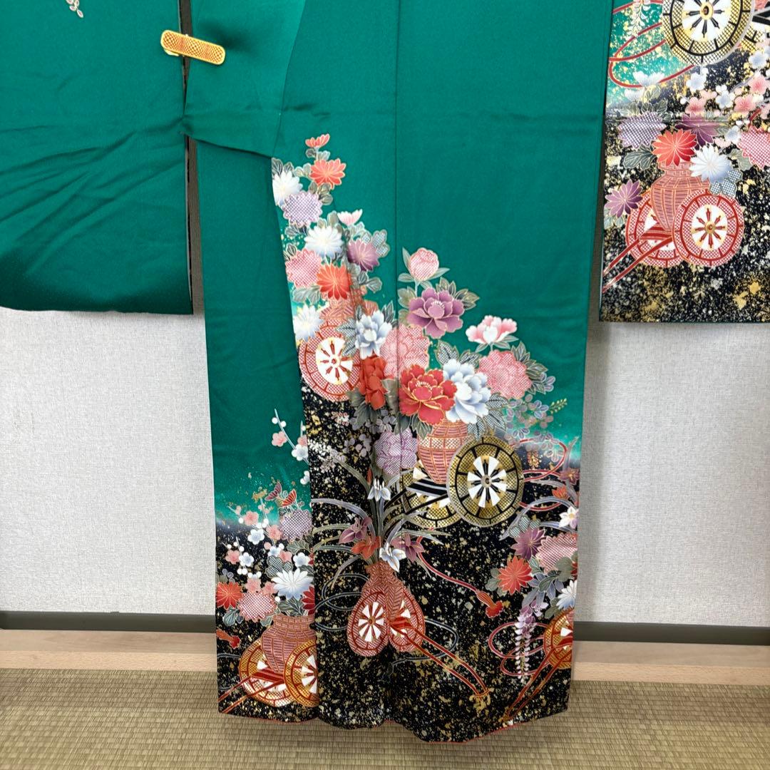 振袖 正絹 グリーン地 押し箔 素敵なデザイン k-6715