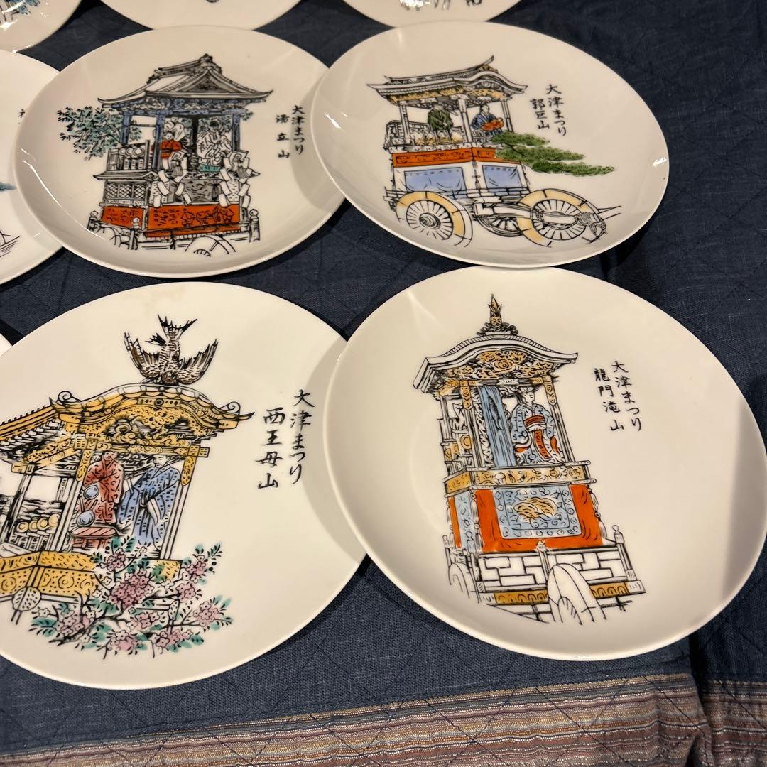 骨董　大津絵　大津祭　和陶器　皿　山車デザインの皿セット（12枚）　直径約21㎝