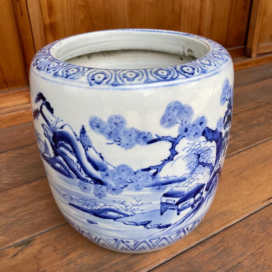 火鉢　陶磁器　染付　レトロ　アンティーク　古民具　希少　金魚鉢　手作り　昭和