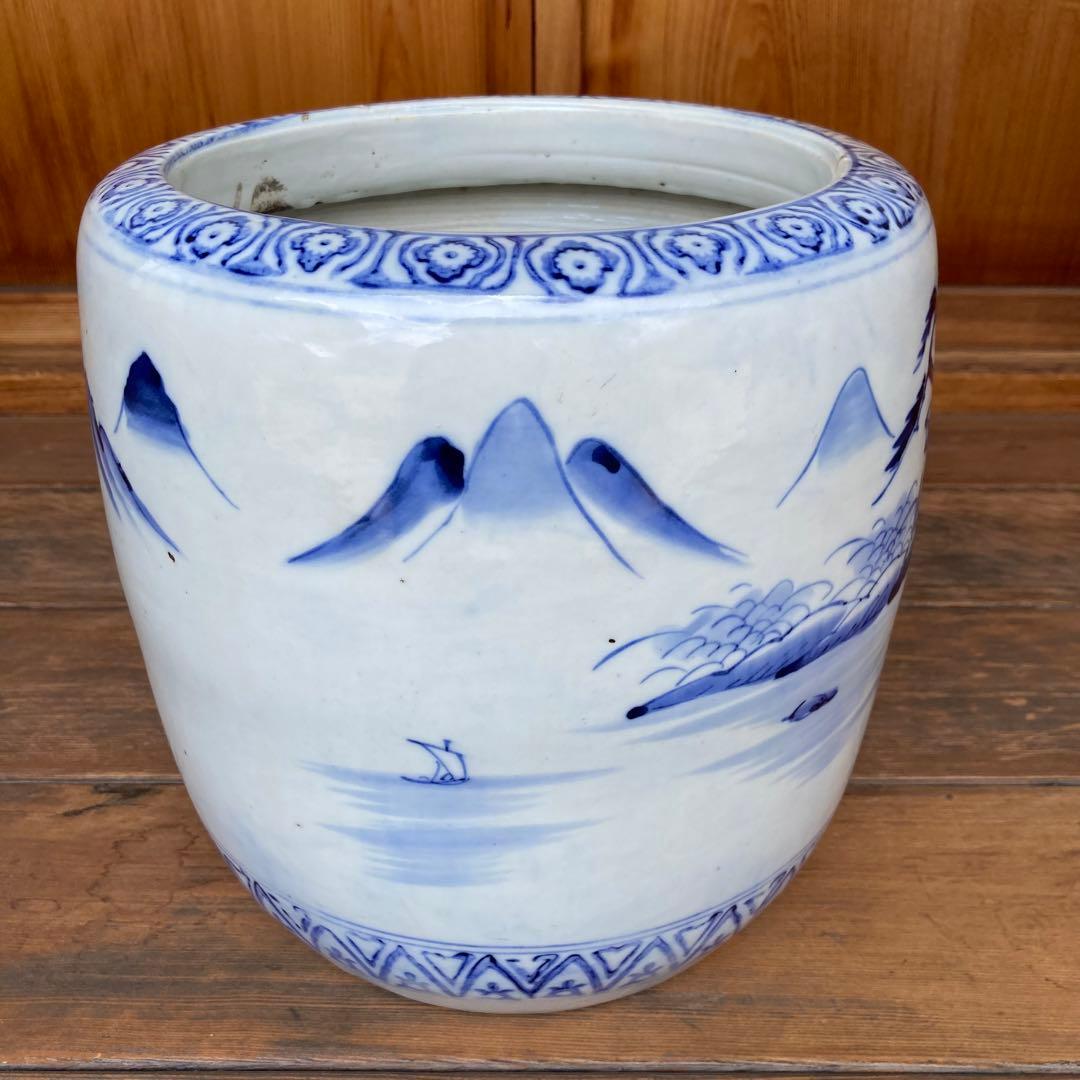 火鉢　陶磁器　染付　レトロ　アンティーク　古民具　希少　金魚鉢　手作り　昭和