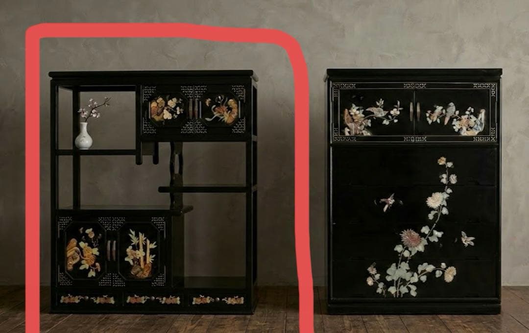 黒塗　螺鈿箪笥　飾り棚　玉石木製箪笥　花鳥模様
