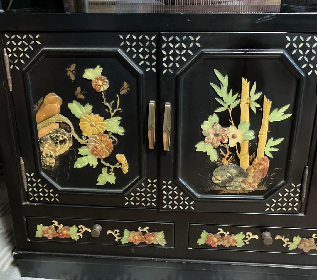 黒塗　螺鈿箪笥　飾り棚　玉石木製箪笥　花鳥模様
