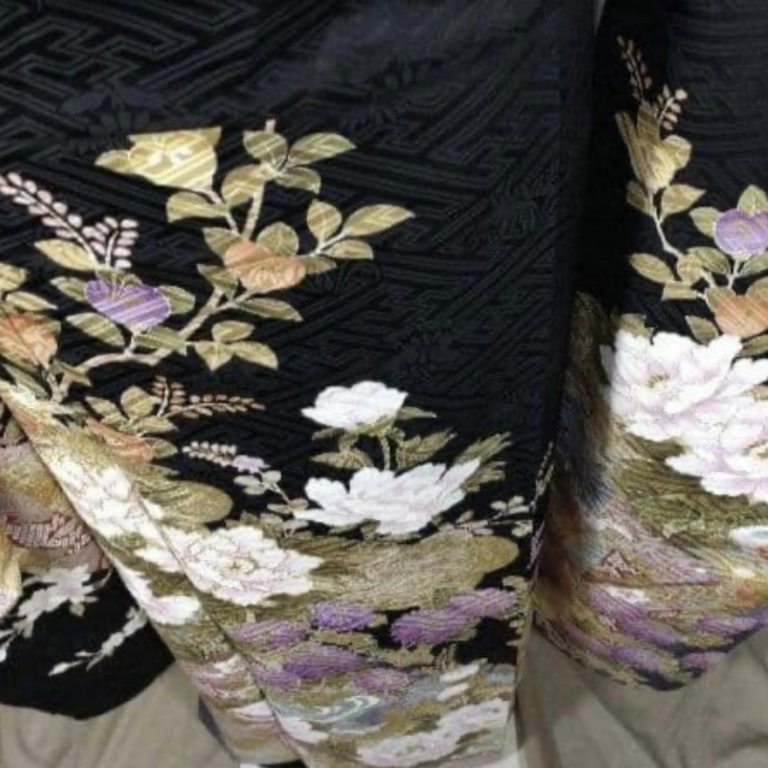 振袖フルセット 振袖 駒刺繍　黒地　成人式 卒業式　正絹 花柄刺繍着物
