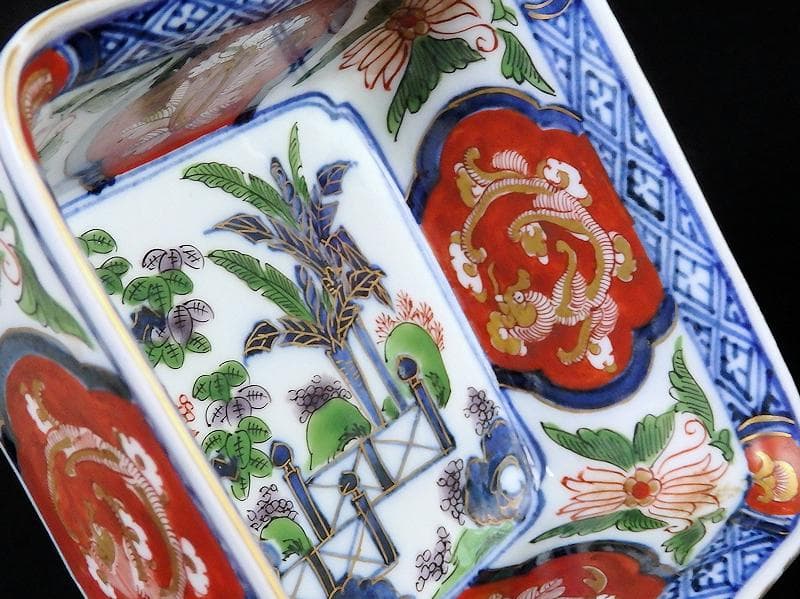 古伊万里　金襴手　欄干に芭蕉葉の図　四方角向付　A105AS-BQi