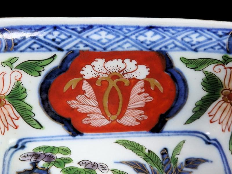 古伊万里　金襴手　欄干に芭蕉葉の図　四方角向付　A105AS-BQi