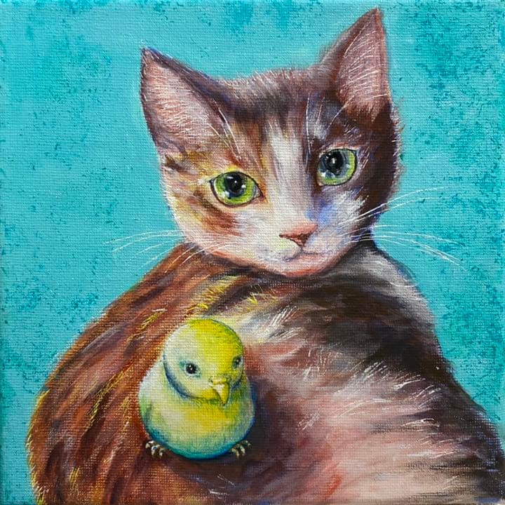 猫ちゃんとインコちゃん　アクリル画