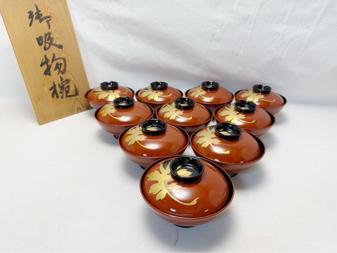 ほぼ未使用 懐石道具 木製 古代朱塗 金彩蒔絵 吸物椀十客組 内黒 木曾漆器共箱