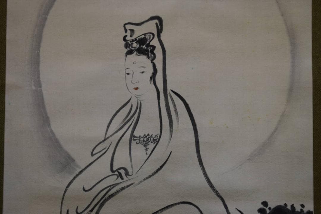 真作/青邱（画）/曹洞宗和尚（賛）/岩上観音画賛/布袋屋掛軸HF-37