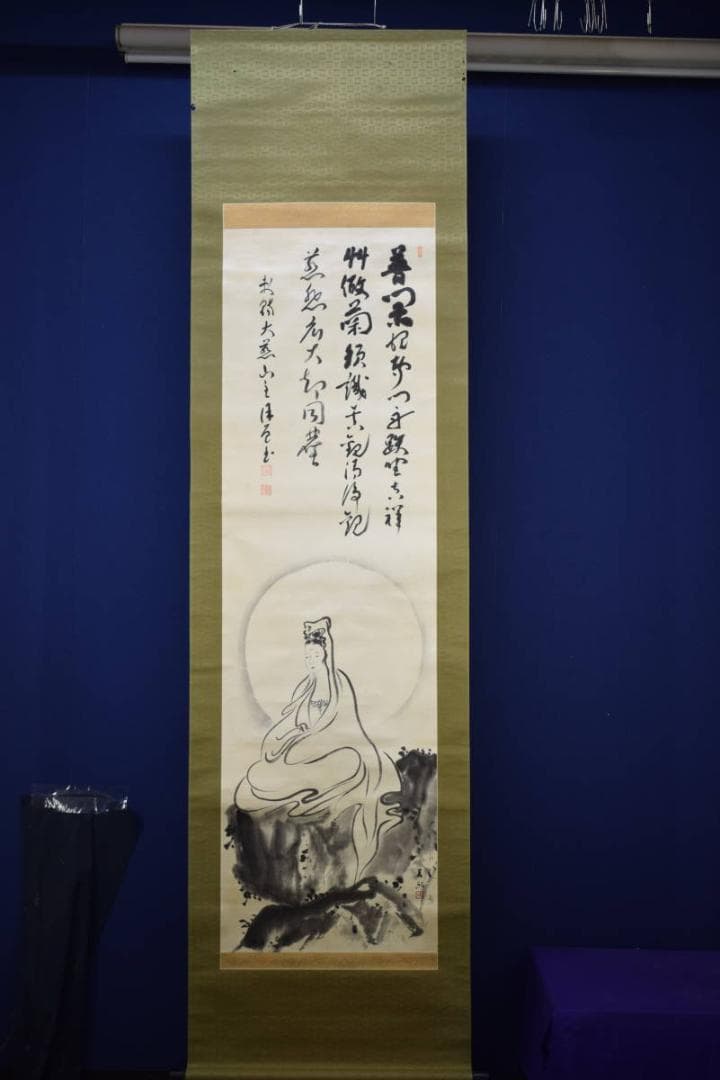 真作/青邱（画）/曹洞宗和尚（賛）/岩上観音画賛/布袋屋掛軸HF-37