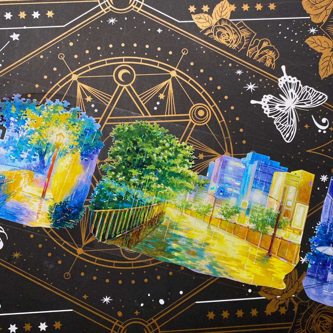 【9315】海外　マステ　中古巻　貝殻光マスキングテープ　雨景色　夜　装飾背景系