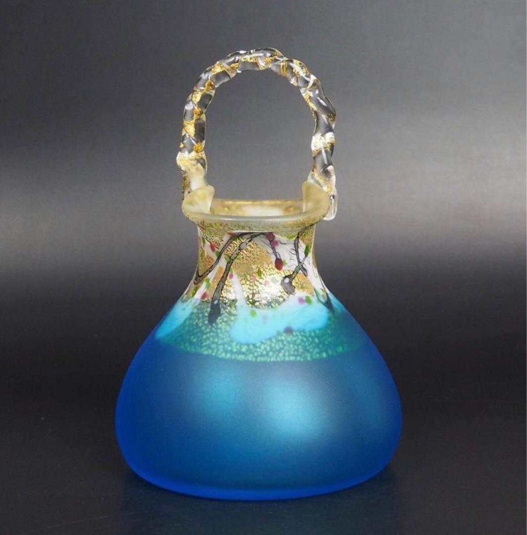 送料無料現代ガラス芸術界の巨匠『黒木国昭』作金彩象嵌ガラス花器『光琳金彩手付』