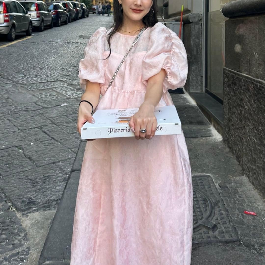 ANDRSED バブルスリーブジャガードドレス ピンク　S