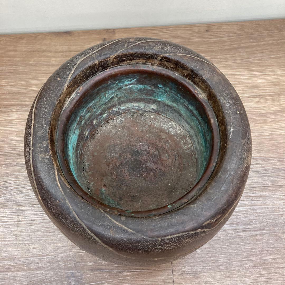 E-1 【希少】アンティーク 木製 手炙り火鉢 銅製落とし付き くり抜き 古道具