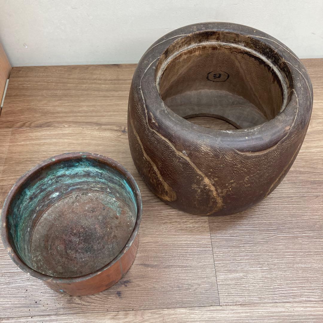 E-1 【希少】アンティーク 木製 手炙り火鉢 銅製落とし付き くり抜き 古道具