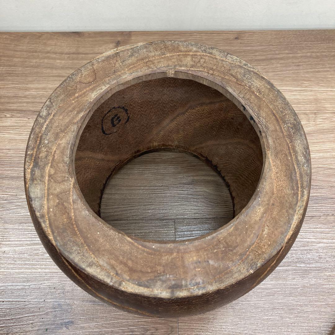 E-1 【希少】アンティーク 木製 手炙り火鉢 銅製落とし付き くり抜き 古道具