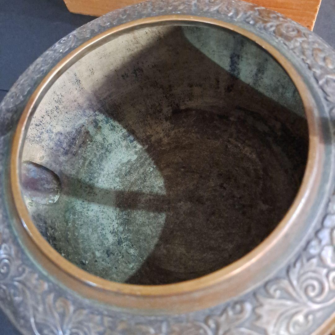 江戸中　青銅製　金工やかん　金工精密技工彫　 牡丹唐草図　高岡銅器