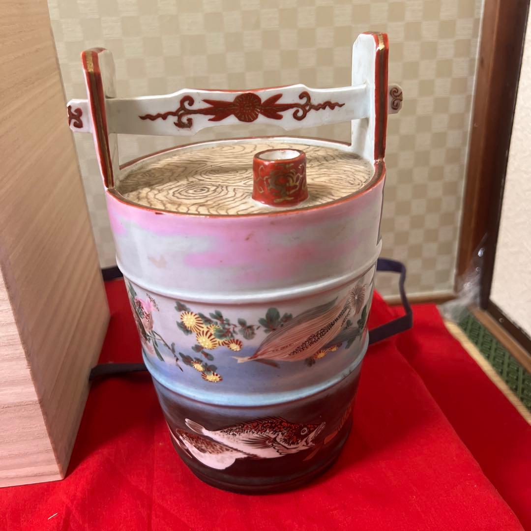 明治期超絶品九谷焼最高絵付　魚野菜尽くし手桶形水指　本物保証　逸品！