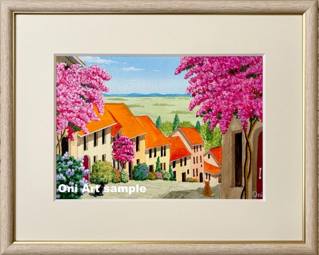 アクリル画　原画　「花の咲く路地10」額縁付　SMサイズ