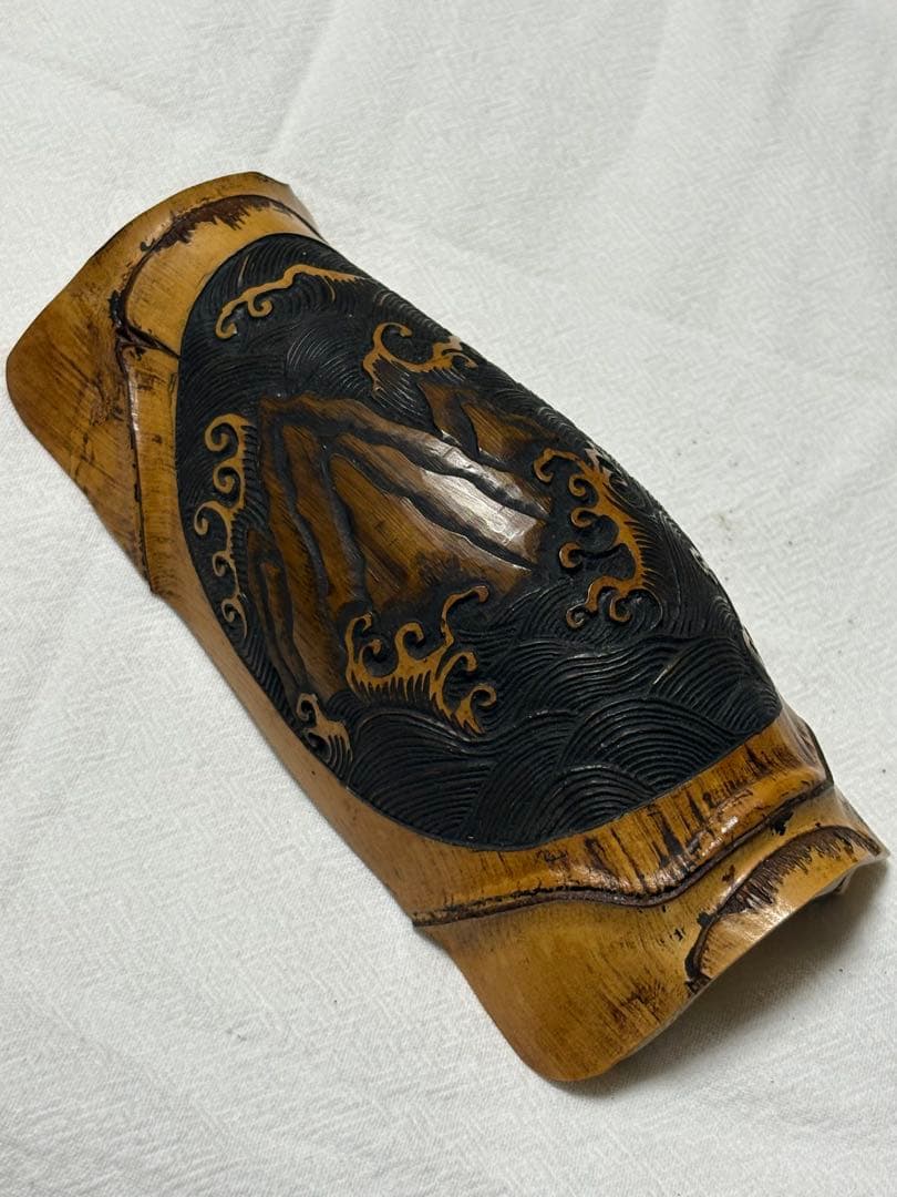 008山水、竹彫刻、竹工芸、茶則、茶合、煎茶、茶器、茶道具、日本茶、中国茶、茶