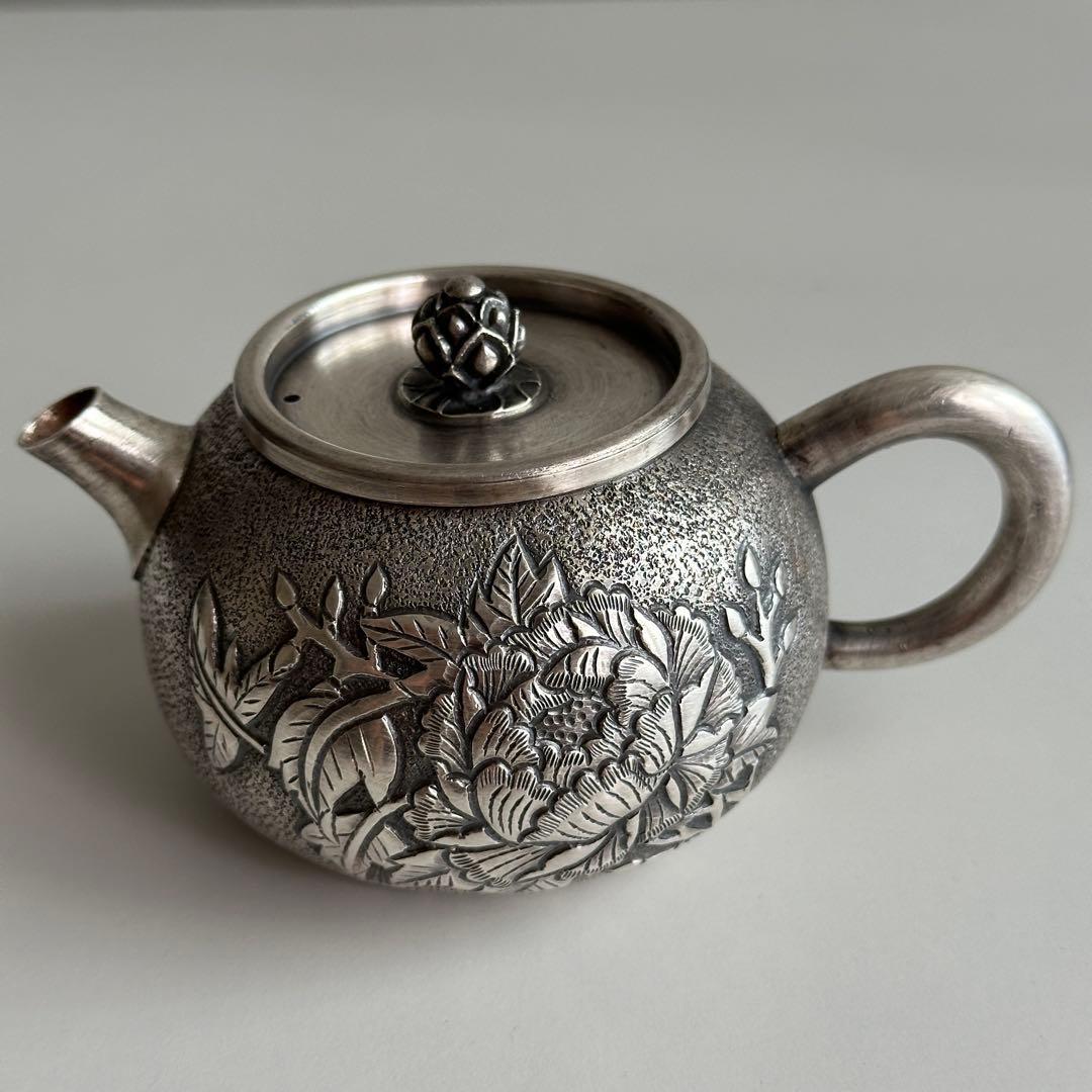 銀製 茶器 茶道具 急須 足銀999 牡丹 金属工芸