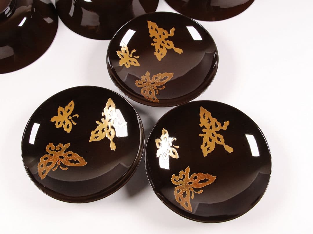 CK75 時代 木製漆器 輪島塗 蝶金蒔絵 黒塗椀 三客 天然木 梨地