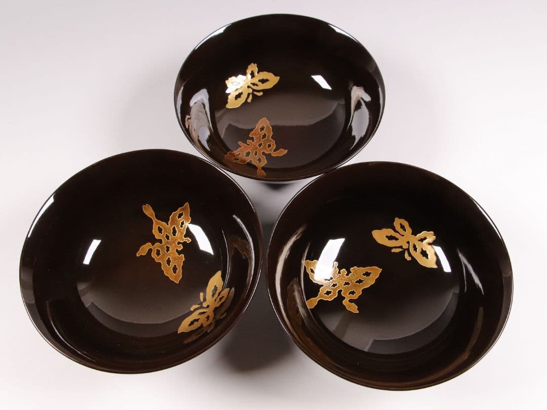 CK75 時代 木製漆器 輪島塗 蝶金蒔絵 黒塗椀 三客 天然木 梨地