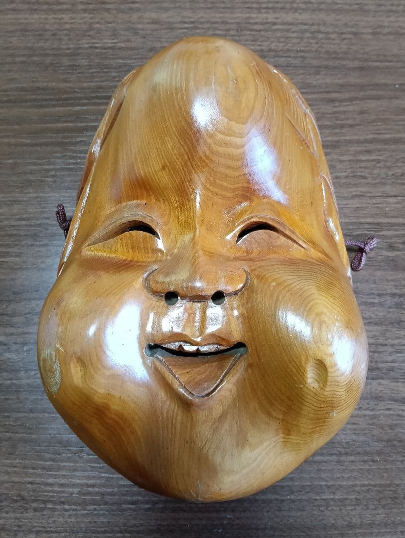 骨董　木製面　おかめ 　縁起物　手掘り　木彫り　壁掛け　お面　A