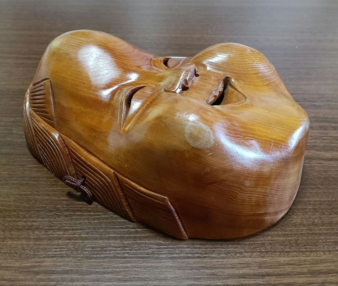 骨董　木製面　おかめ 　縁起物　手掘り　木彫り　壁掛け　お面　A