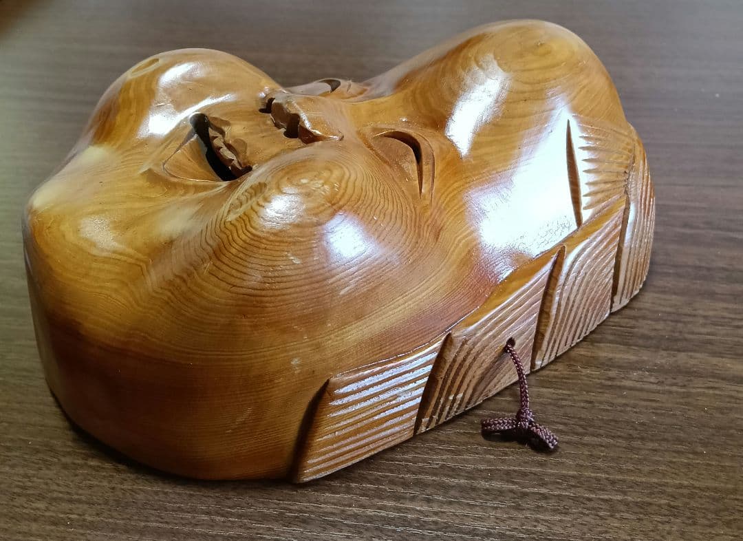 骨董　木製面　おかめ 　縁起物　手掘り　木彫り　壁掛け　お面　A