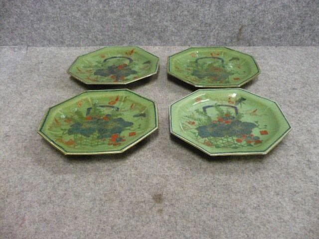 古錦 花篭手 青磁 八角皿 4枚 [B31327]