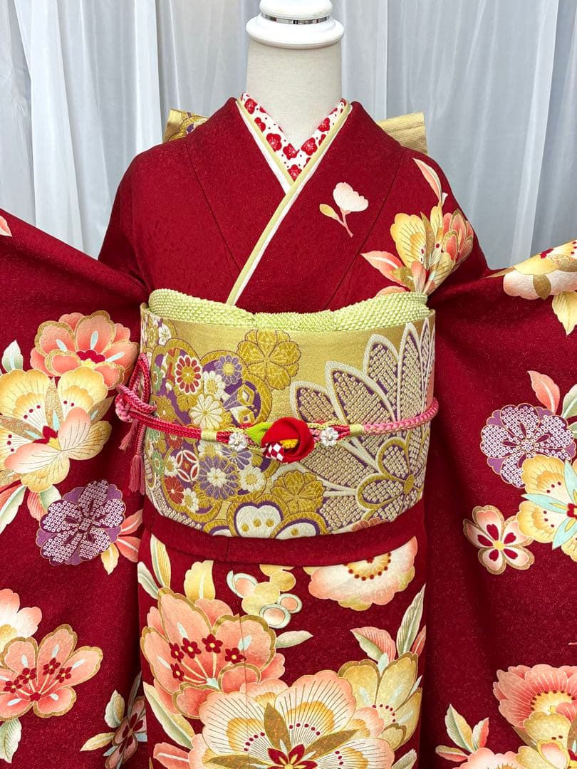 成人式　振袖フルセット　1137 真紅花柄　　正絹　振袖　格安！